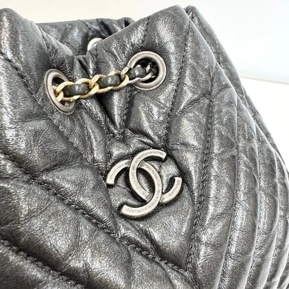 CHANEL Metallic Gunmetal Gray Chevron Quilted Gabrielle Backpack Aged Calfskin